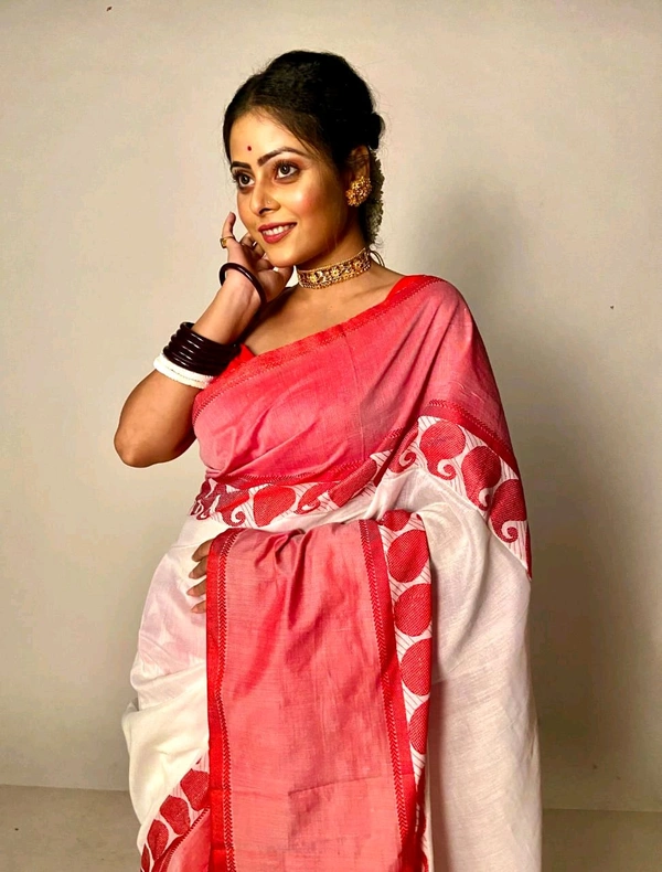 Handloom Woven Border Cotton Saree  - White & Red