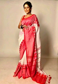 Handloom Woven Border Cotton Saree  - White & Red