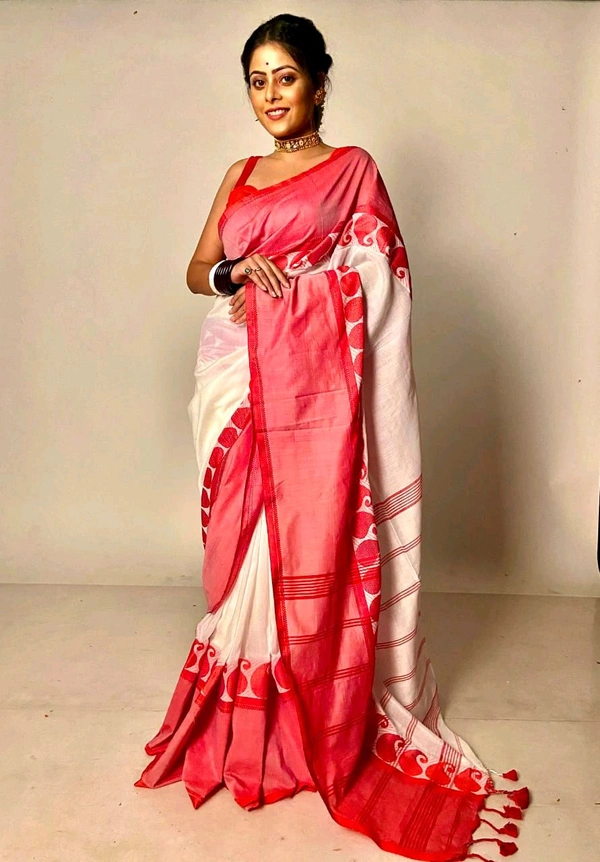 Handloom Woven Border Cotton Saree  - White & Red