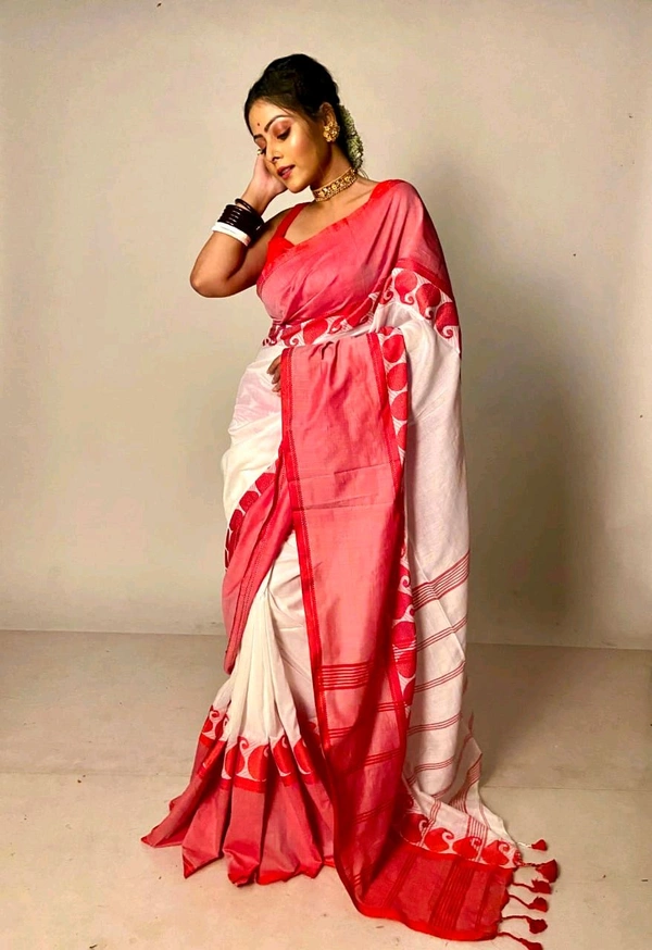 Handloom Woven Border Cotton Saree  - White & Red