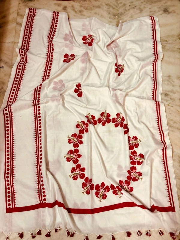 Floral Hand Block Cotton Saree With Red BP - White, Mix Cotton