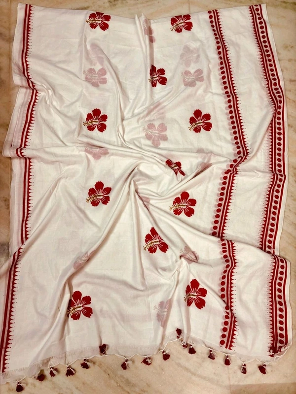 Floral Hand Block Cotton Saree With Red BP - White, Mix Cotton