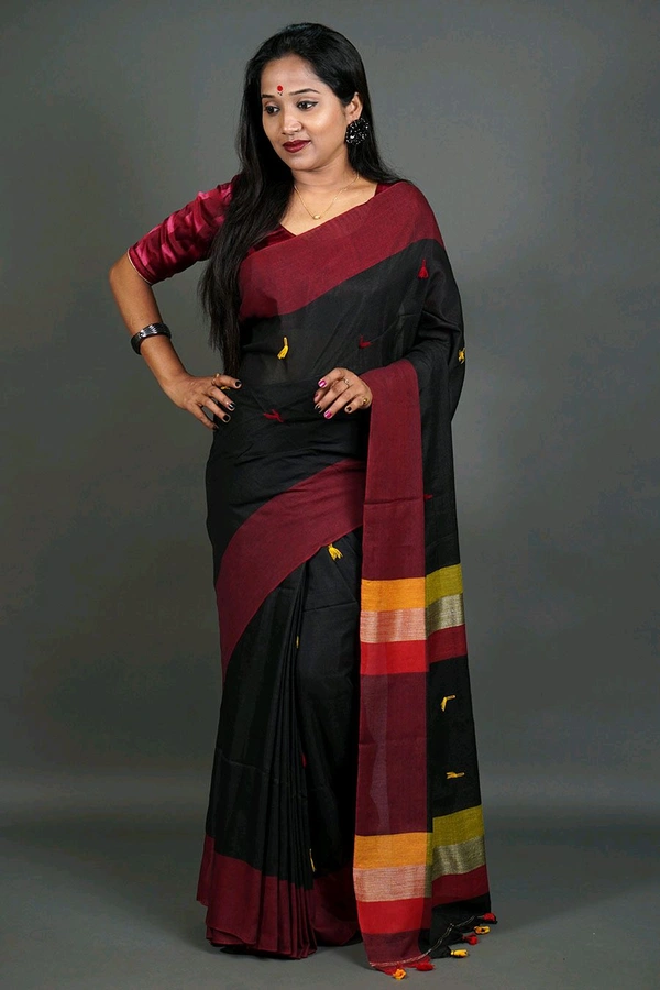 Khadi Cotton Woven Buta Saree - Black