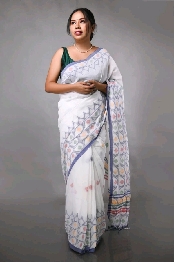 Jamdani Woven Khadi Cotton Saree  - White