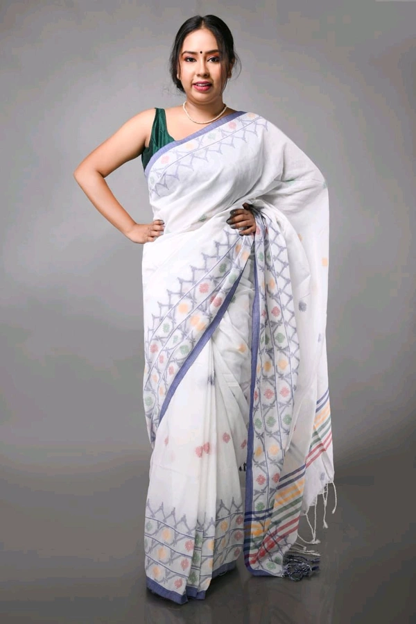 Jamdani Woven Khadi Cotton Saree  - White