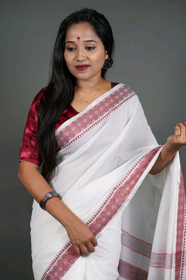 Handloom Woven Border Cotton Saree  - White