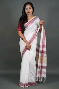 Handloom Woven Border Cotton Saree  - White