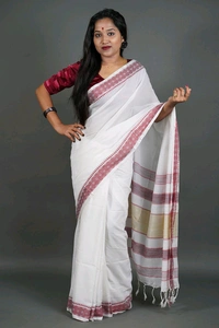 Handloom Woven Border Cotton Saree  - White