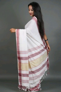 Handloom Woven Border Cotton Saree  - White