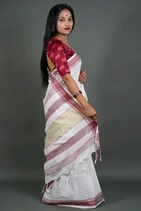 Handloom Woven Border Cotton Saree  - White