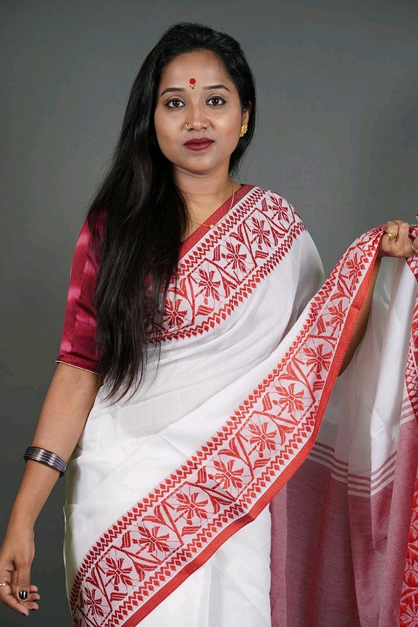 Handloom Woven Border Cotton Saree  - White