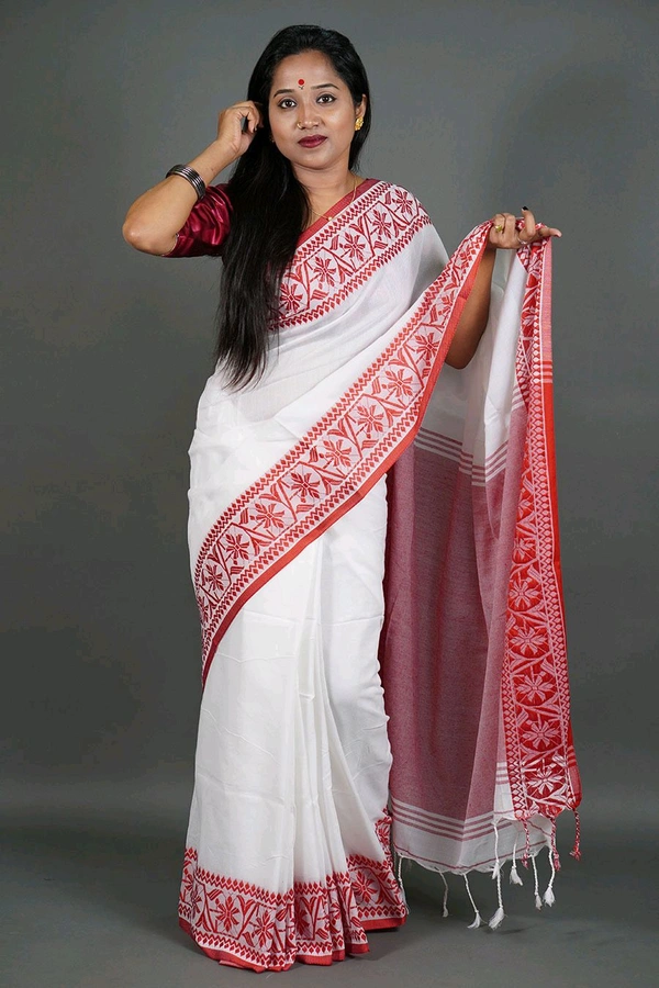 Handloom Woven Border Cotton Saree  - White