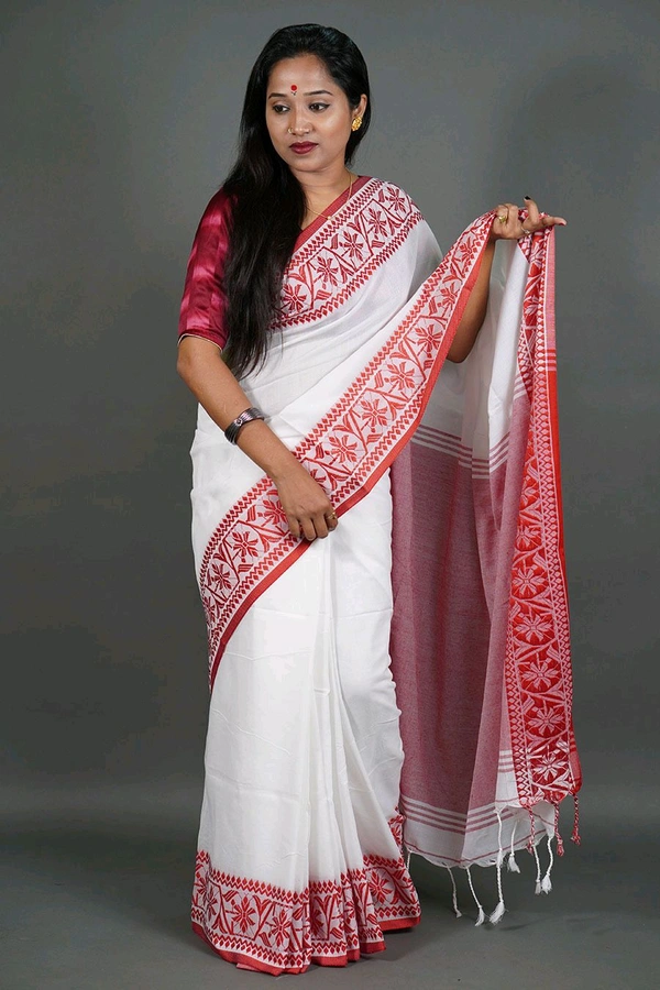 Handloom Woven Border Cotton Saree  - White