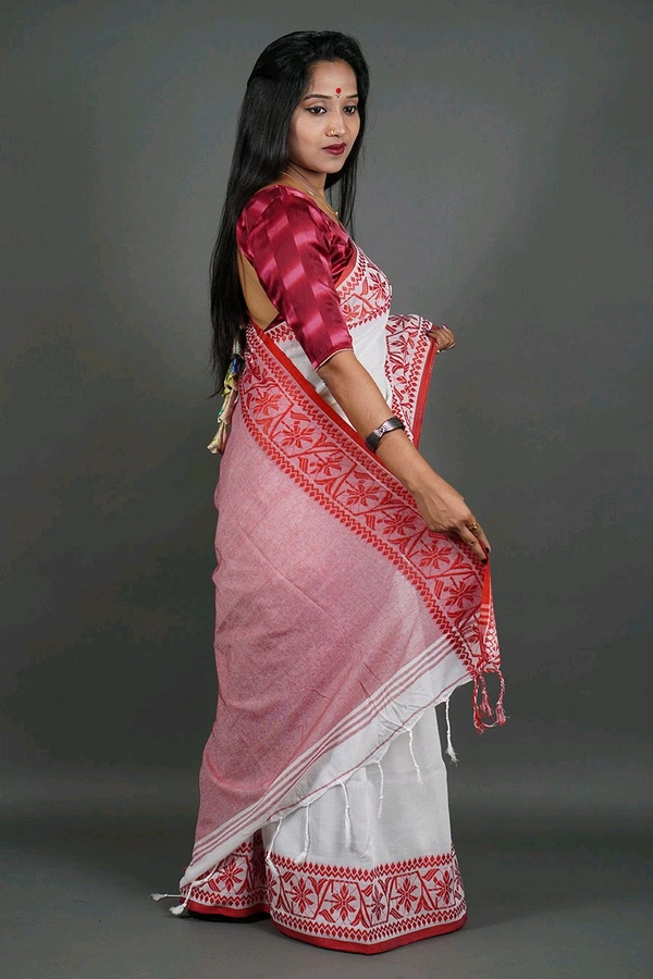 Handloom Woven Border Cotton Saree  - White