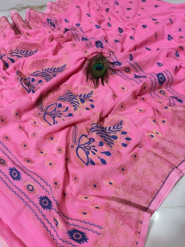 Mina Work Khadi Cotton Handloom Saree  - Pink
