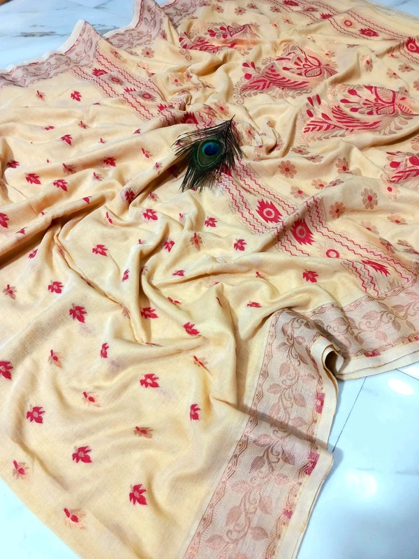 Mina Work Khadi Cotton Handloom Saree  - Cream