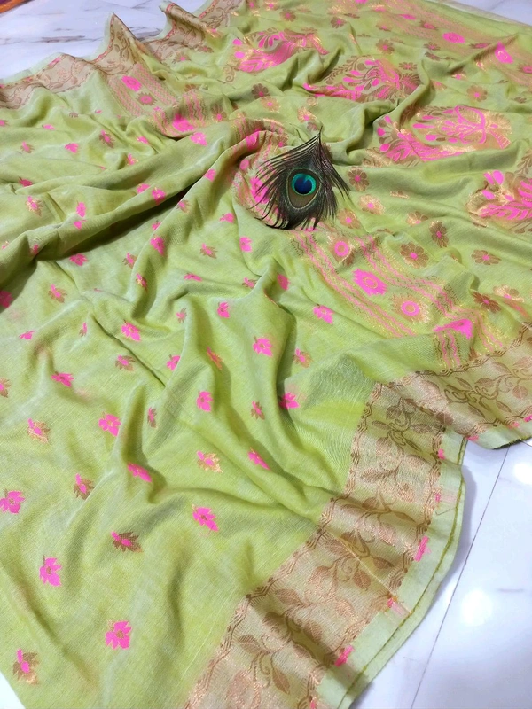 Mina Work Khadi Cotton Handloom Saree  - Green
