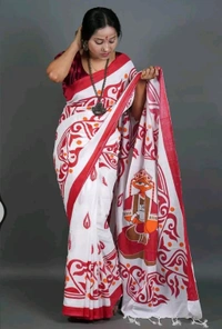 Hand Pain Cotton Ganesha Saree - White & Red
