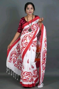 Hand Pain Cotton Ganesha Saree - White & Red