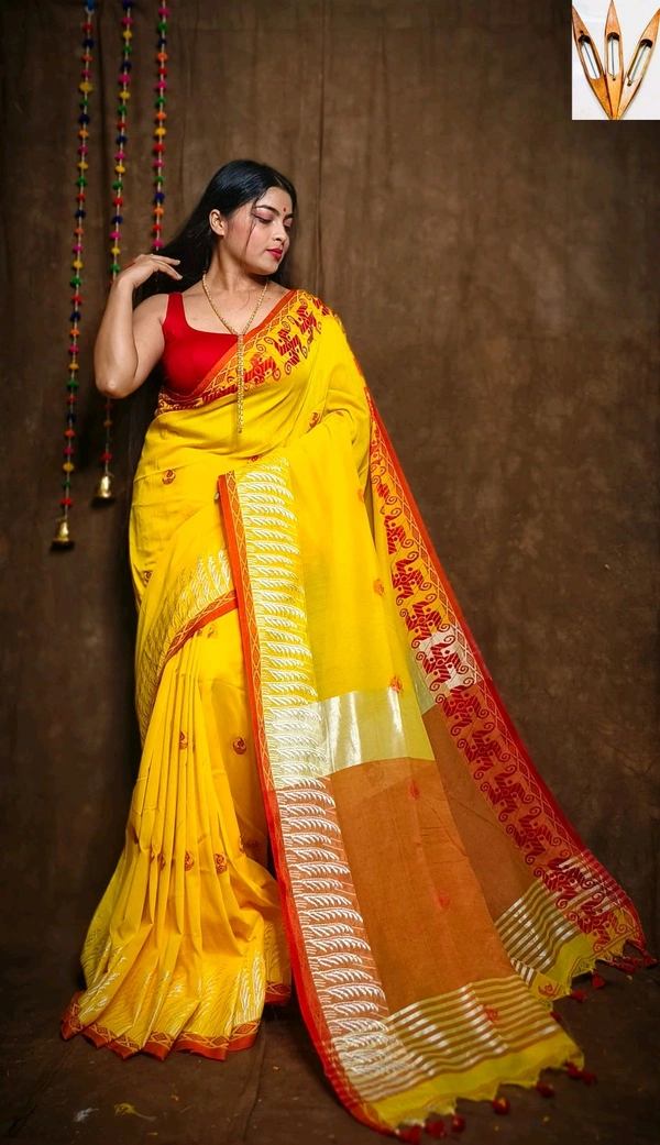 Swastik Woven Border Cotton Saree  - Yellow