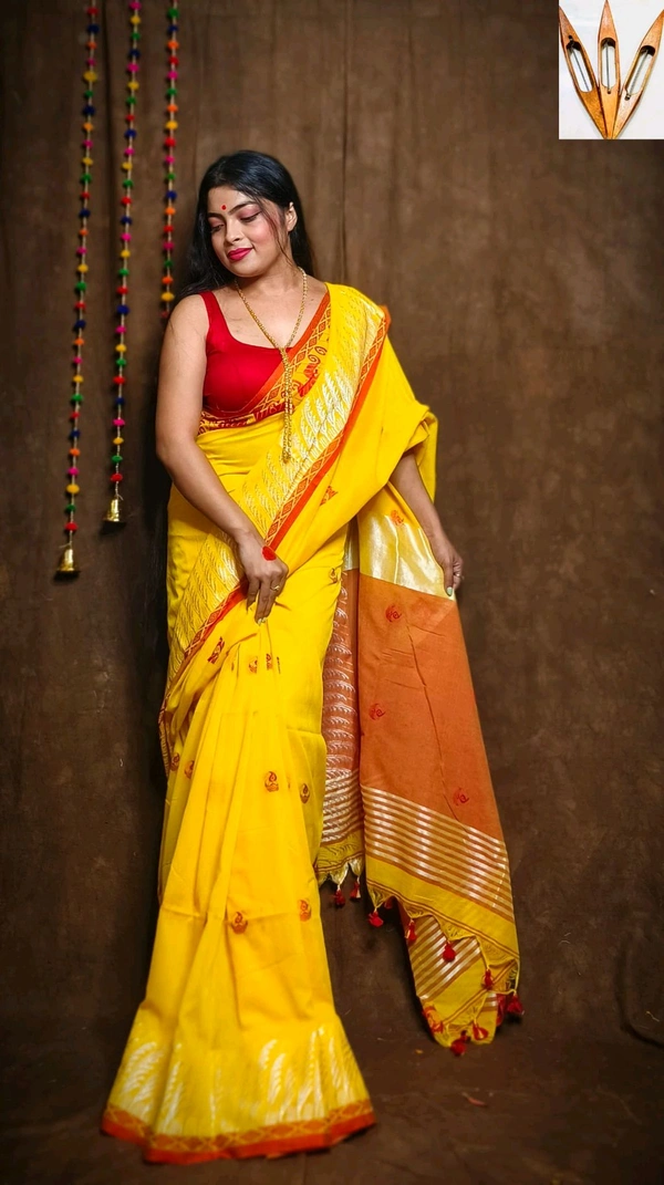 Swastik Woven Border Cotton Saree  - Yellow