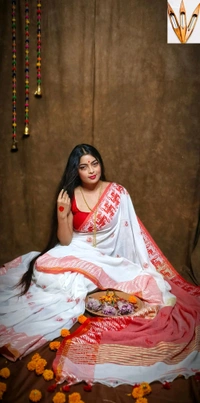 Swastik Woven Border Cotton Saree  - White