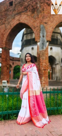 Swastik Woven Border Cotton Saree  - White