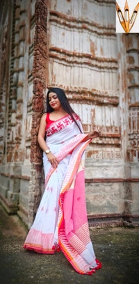 Swastik Woven Border Cotton Saree  - White