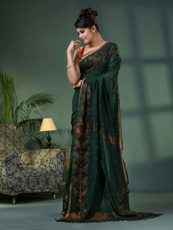 Handloom Zari Woven Border Cotton Saree  - Dark Green