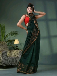 Handloom Zari Woven Border Cotton Saree  - Dark Green