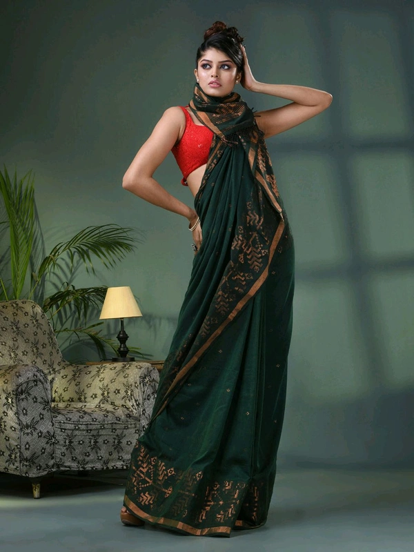 Handloom Zari Woven Border Cotton Saree  - Dark Green