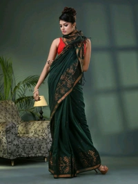 Handloom Zari Woven Border Cotton Saree  - Dark Green