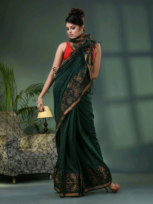 Handloom Zari Woven Border Cotton Saree  - Dark Green