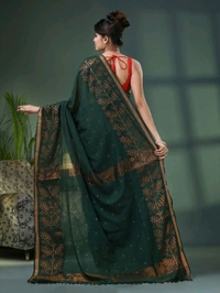 Handloom Zari Woven Border Cotton Saree  - Dark Green