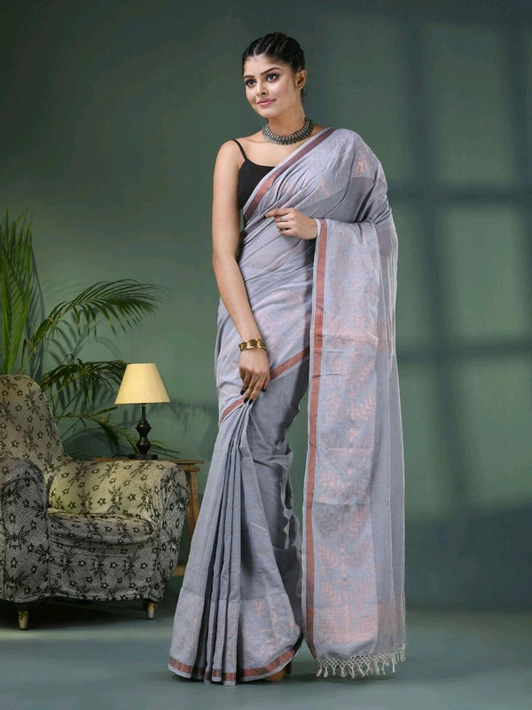 Handloom Zari Woven Border Cotton Saree  - Gray