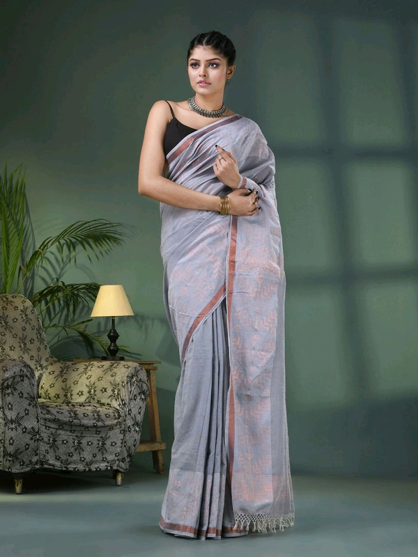Handloom Zari Woven Border Cotton Saree  - Gray