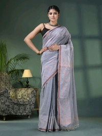 Handloom Zari Woven Border Cotton Saree  - Gray