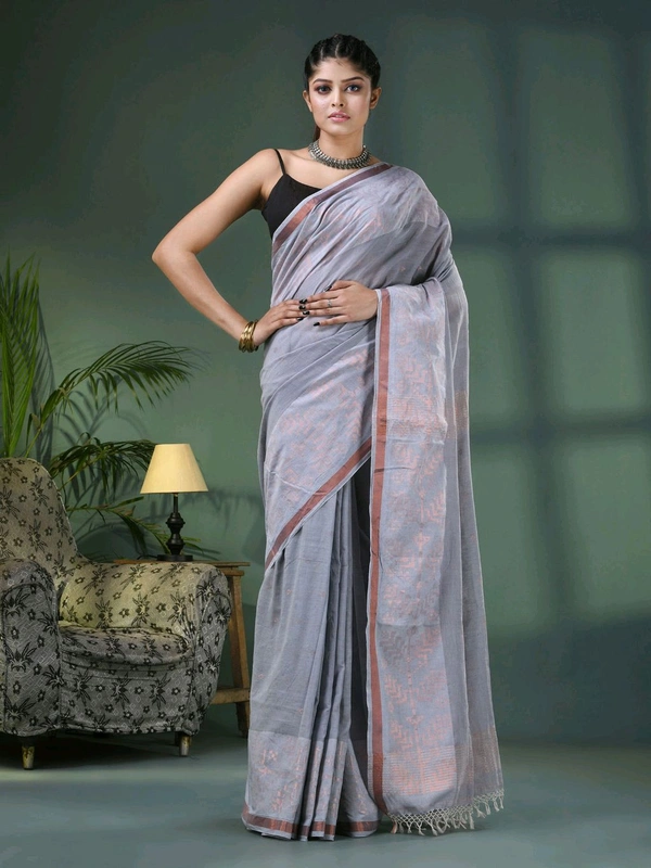 Handloom Zari Woven Border Cotton Saree  - Gray