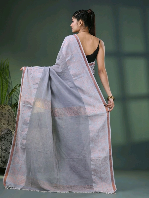 Handloom Zari Woven Border Cotton Saree  - Gray
