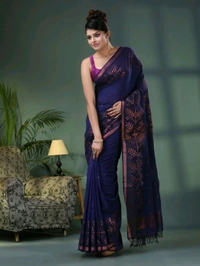 Handloom Zari Woven Border Cotton Saree  - Navy Blue
