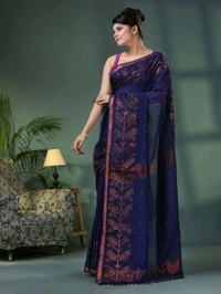 Handloom Zari Woven Border Cotton Saree  - Navy Blue