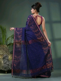 Handloom Zari Woven Border Cotton Saree  - Navy Blue