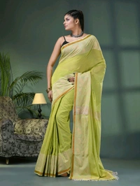 Handloom Zari Woven Border Cotton Saree  - Lime