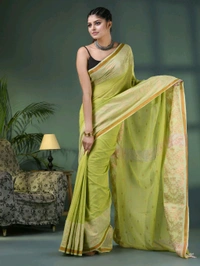 Handloom Zari Woven Border Cotton Saree  - Lime