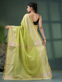 Handloom Zari Woven Border Cotton Saree  - Lime
