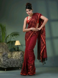 Handloom Zari Woven Border Cotton Saree  - Red