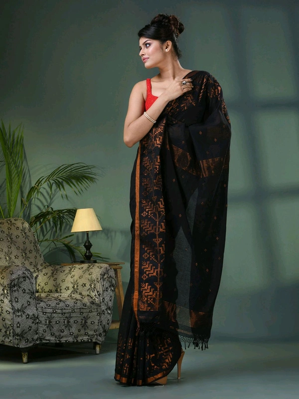 Handloom Zari Woven Border Cotton Saree  - Black