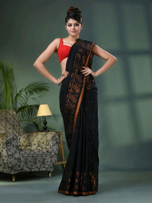 Handloom Zari Woven Border Cotton Saree  - Black