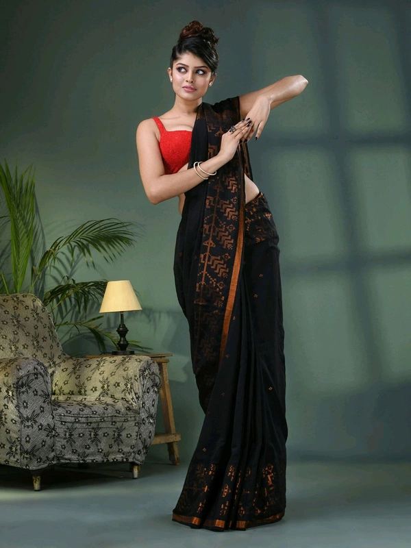 Handloom Zari Woven Border Cotton Saree  - Black