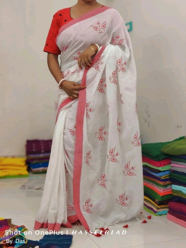Durga Ma Embroidered Cotton Saree  - White